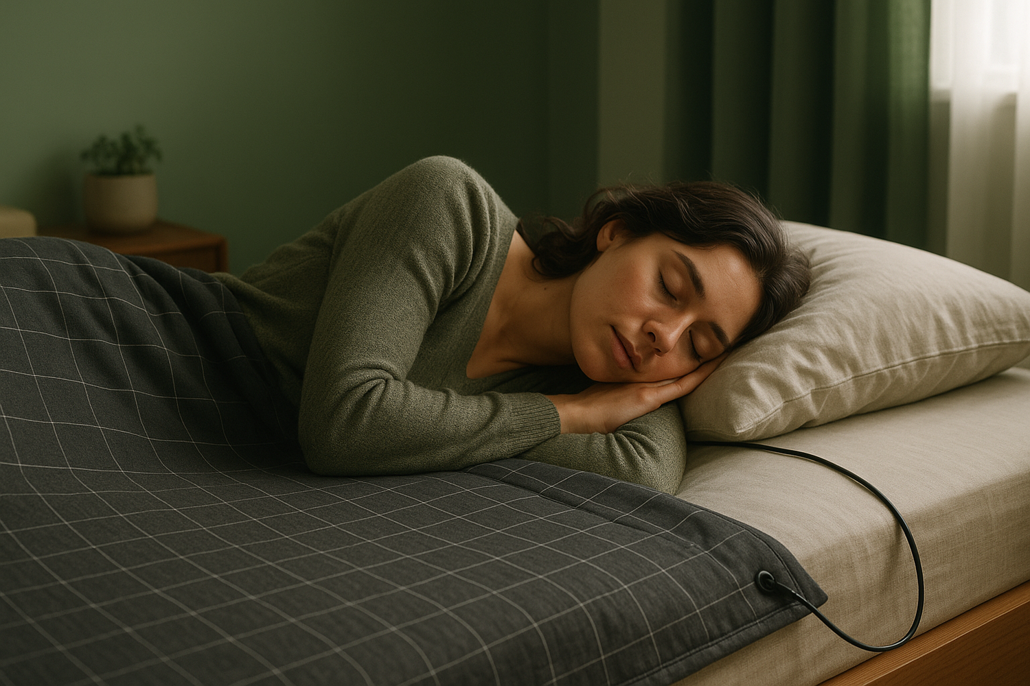 mujer acostada de lado en una cama sobre una manta de conexion a tierra, que se vea claramente que es de conexion a tierra, es decir que se vea el cable que la conecta, un ambiente acogedor, decoracion minimalista usando colores en tono de verde en paredes y cortinas, imagen a nivel de detalle, atmosfera cinematografica, delicada y sofisticada, ultrarealista, 8K